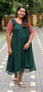 Ajrakh Sleeve Green Georgette  Top & Shawl