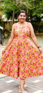 Floral Printed Sleeveless Yellow Cotton Flair Dress