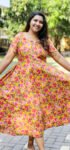Floral Printed Yellow Cotton Flair Dress