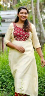 Golden Tissue Aline Top With Maroon Ajrakh Mirror Yoke - Image 2