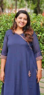 Navy Blue Georgette Side Knot Top with Ajrakh Bottom - Image 2