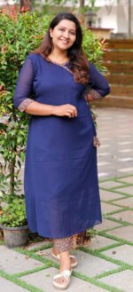 Navy Blue Georgette Side Knot Top with Ajrakh Bottom