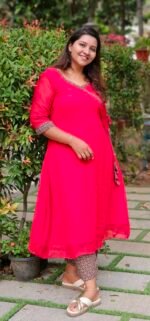 Red Georgette Side Knot Top with Ajrakh Bottom