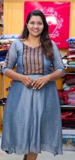 Powder Blue Vichithra Silk Ajrakh Yoke Aline Top