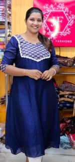 Blue Vichithra Silk Aline Top With Ajrakh Yoke