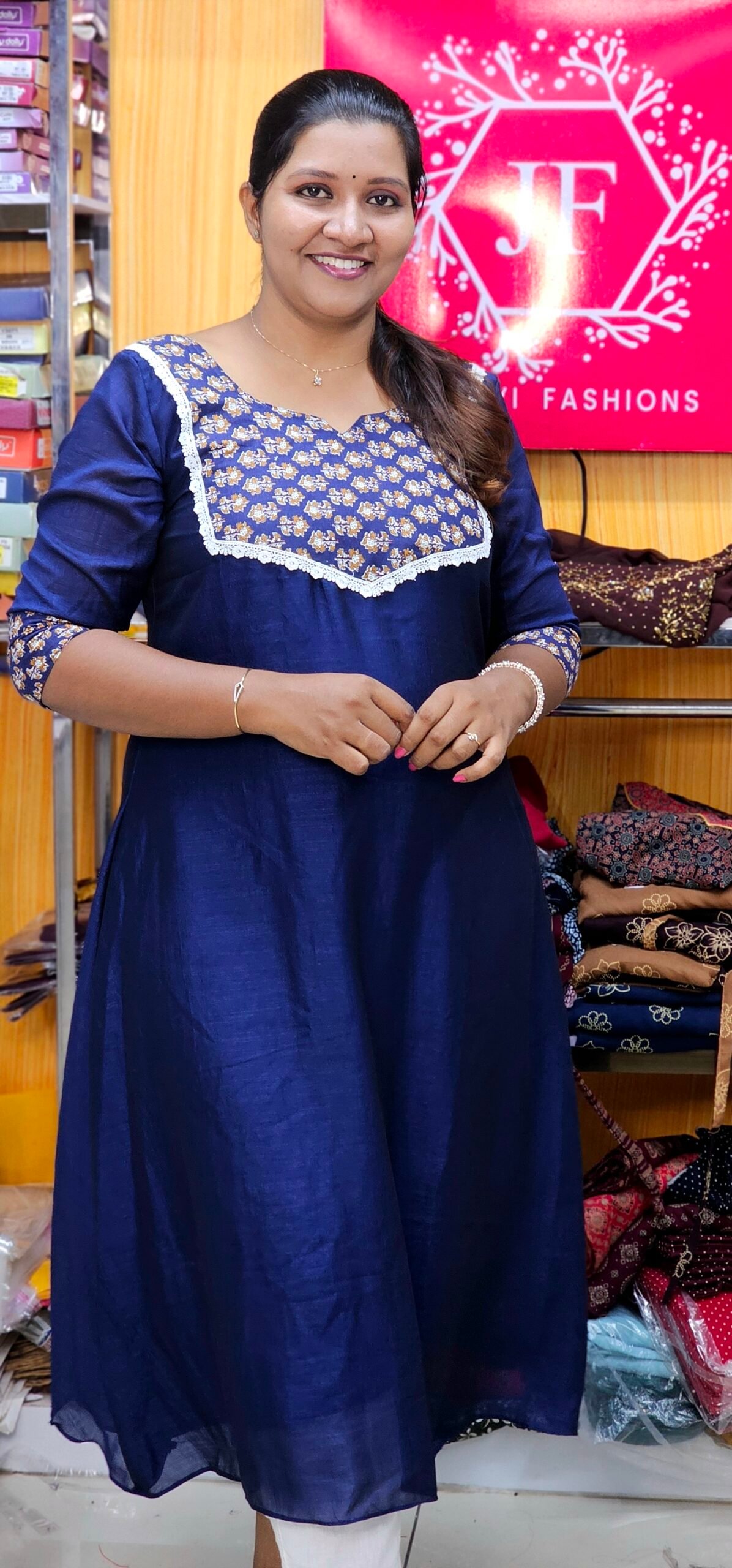 BLUE VICHITHRA SILK ALINE TOP WITH AJRAKH YOKE (2) Blue Vichithra Silk Aline Top With Ajrakh Yoke - Image 1