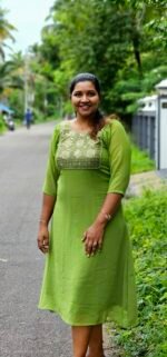 Block Printed Yoke with Mirrors  Green Georgette Aline Top