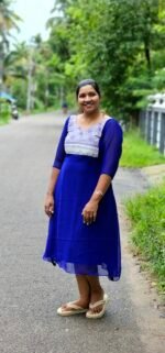 Block Printed Yoke with Mirrors  Royal Blue Georgette Aline Top