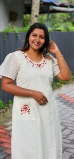 Hand Embroidered Premium Offwhite Hakoba Dress  with Pocket - Image 2