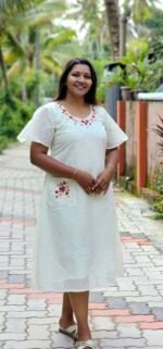 Hand Embroidered Premium Offwhite Hakoba Dress  with Pocket