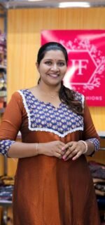 Rust Orange Vichithra Silk Aline Top With Ajrakh Yoke - Image 2