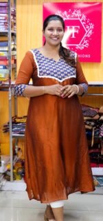 Rust Orange Vichithra Silk Aline Top With Ajrakh Yoke