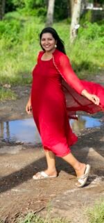 Red Handworked Overcoat with Sleeveless Aline Inner Dress - Image 3