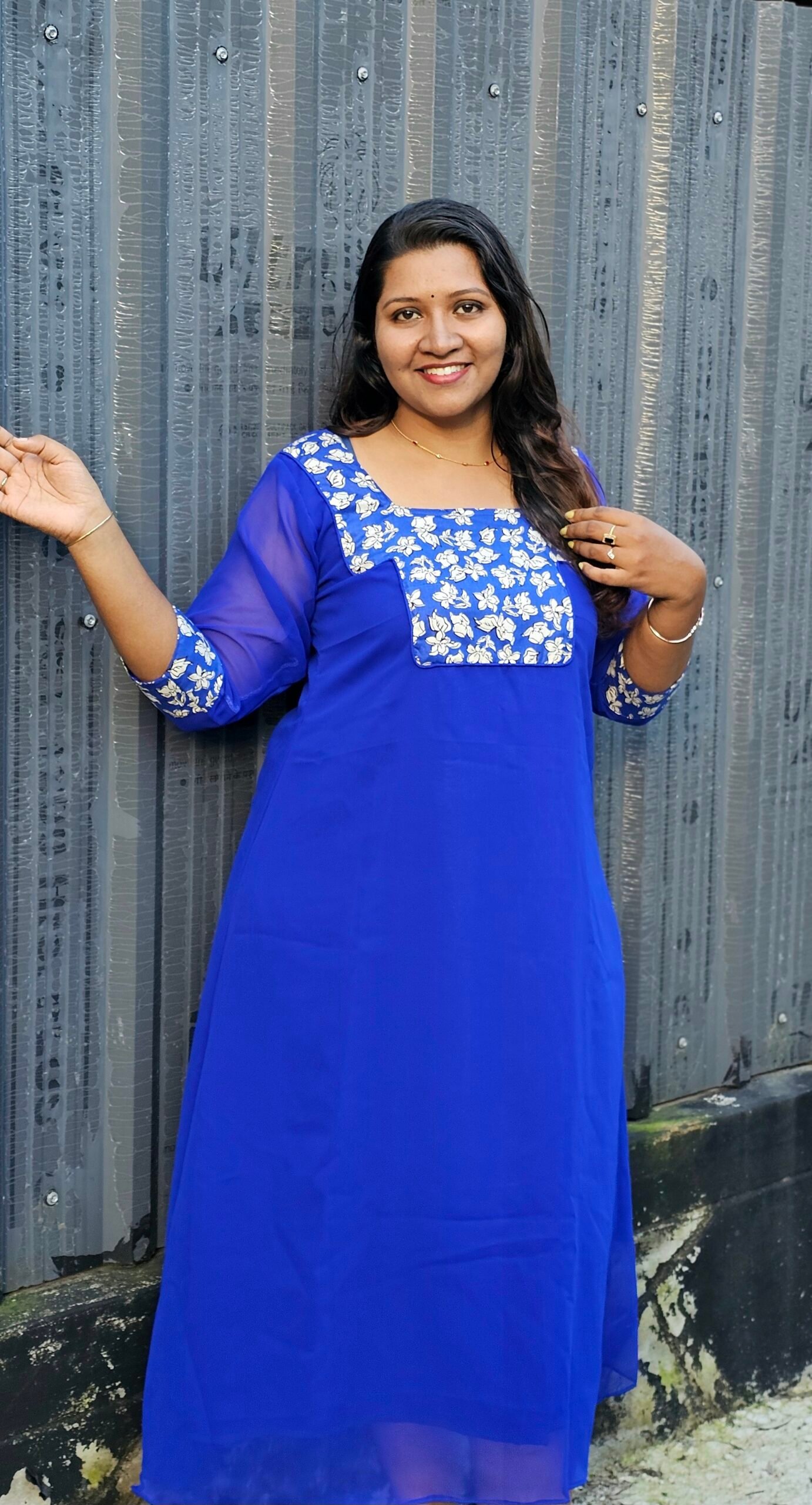 Royal BlueFloral Yoke Georgette Aline Top Royal Blue Floral Yoke Georgette Aline Top - Image 1