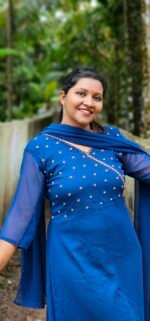 Amoha  handworked Teal Blue Georgette top with Shawl - Image 2