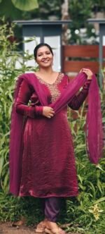 Diva Wine Space Silk Handworked Salwar Set with Bottom and Shawl - Image 3