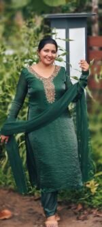 Diva Green Space Silk Handworked Salwar Set with Bottom and Shawl - Image 4
