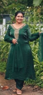 Diva Green Space Silk Handworked Salwar Set with Bottom and Shawl