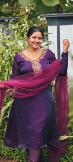 Diva Violet  Space Silk Handworked Salwar Set with Bottom and Shaw - Image 2