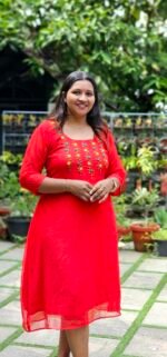 Floral Handworked  Red Georgette Top