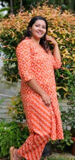 Rust Orange Printed Cotton Slitted Co-ord Set