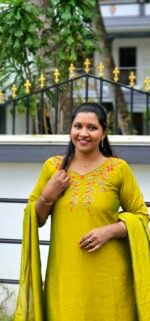 Vimora Thread & Handwork  Lime Green Vichithra Silk Top with Shawl - Image 2