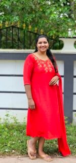 Vimora Thread & Handwork Red Vichithra Silk Top with Shawl