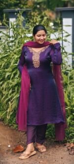Diva Violet  Space Silk Handworked Salwar Set with Bottom and Shaw - Image 4