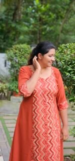 Zyra Rust Orange Georgette Zig Zag central pattern Kurti - Image 2