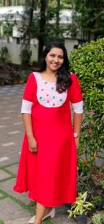 'Carolina' Red Vichithra Silk Kurti with Hakoba Yoke
