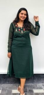 Bottle Green Handworked Georgette Christmas Special Kurti - Image 2
