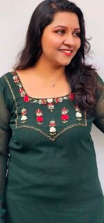 Bottle Green Handworked Georgette Christmas Special Kurti - Image 3