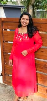 Red Handworked Georgette Christmas Special Kurti - Image 3