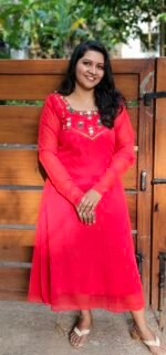 Red Handworked Georgette Christmas Special Kurti - Image 2