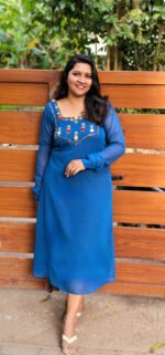 Teal Blue Handworked Georgette Christmas Special Kurti - Image 4