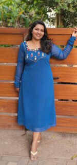 Teal Blue Handworked Georgette Christmas Special Kurti - Image 2