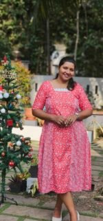 ‘Chrisa’ Red Printed Cotton Frock – Christmas Special - Image 2