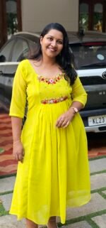 Grace Lime Green Floral Handwork Pleat Kurti - Image 2