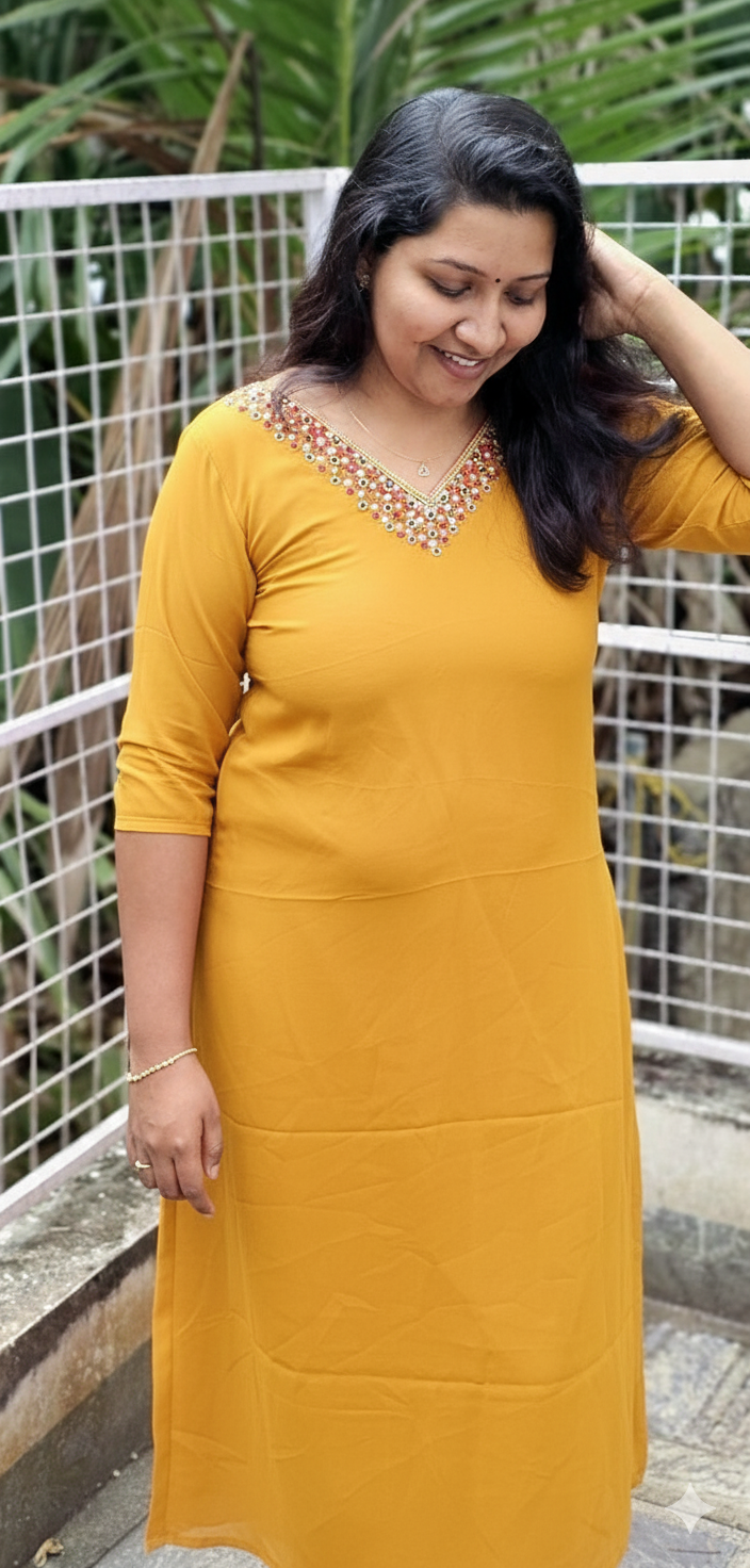 1001460484 (1) Aleena’ Thread Worked A-Line Georgette Top Mustard Yellow - Image 1