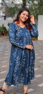 'Aira' Teal Cotton Pleated Dress with Full Sleeves - Image 2