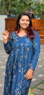 'Aira' Teal Cotton Pleated Dress with Full Sleeves