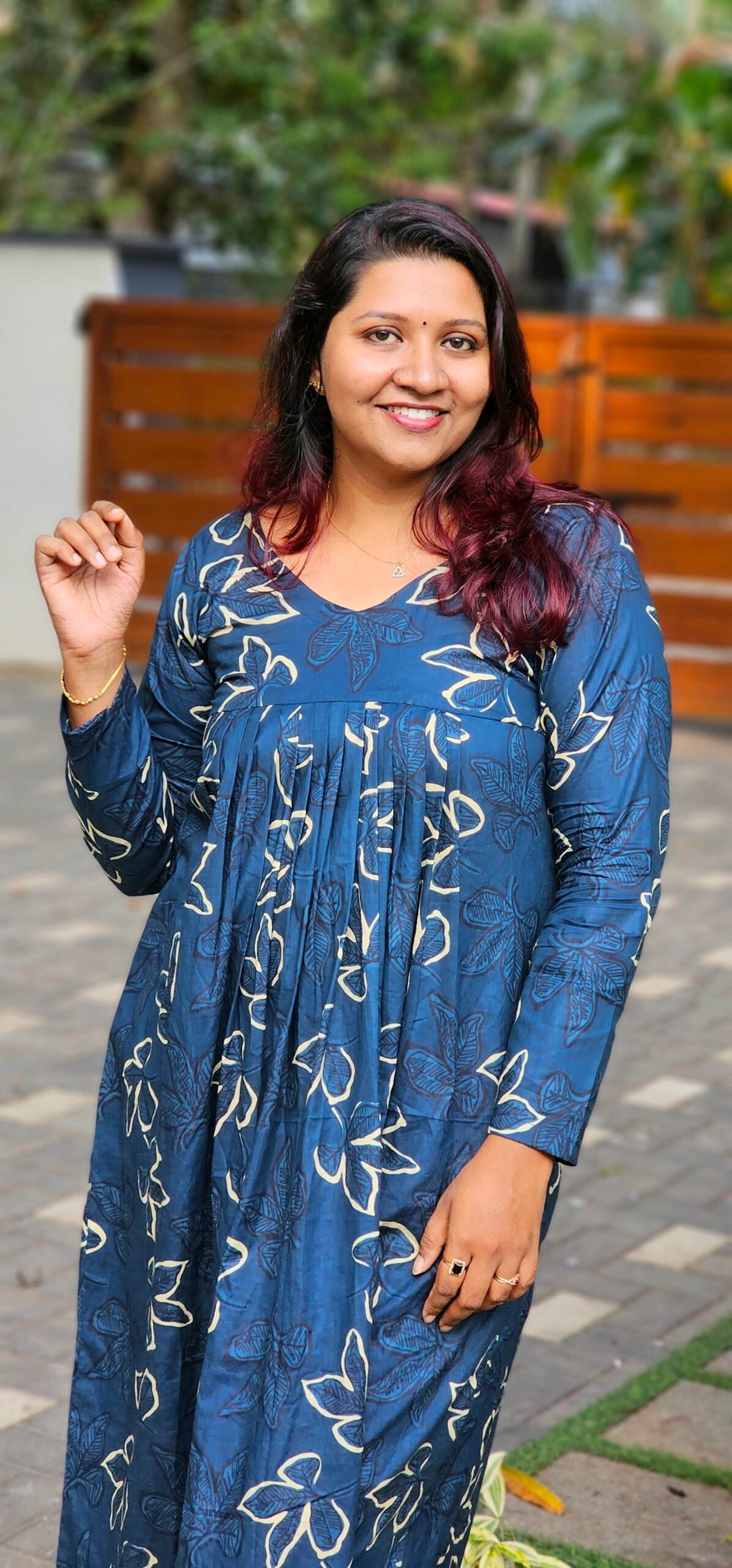 1001512415 'Aira' Teal Cotton Pleated Dress with Full Sleeves - Image 1