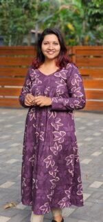'Aira' Purple Cotton Pleated Dress with Full Sleeves - Image 2