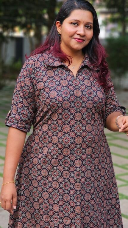 'Ajraa' Navy Cotton Shirt Collar Dress