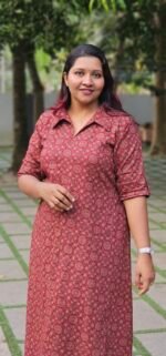 'Ajraa' Maroon Cotton Shirt Collar Dress - Image 2