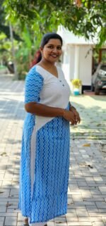 Heera Pure Cotton Sky  Blue Hakoba Yoke Slitted Top