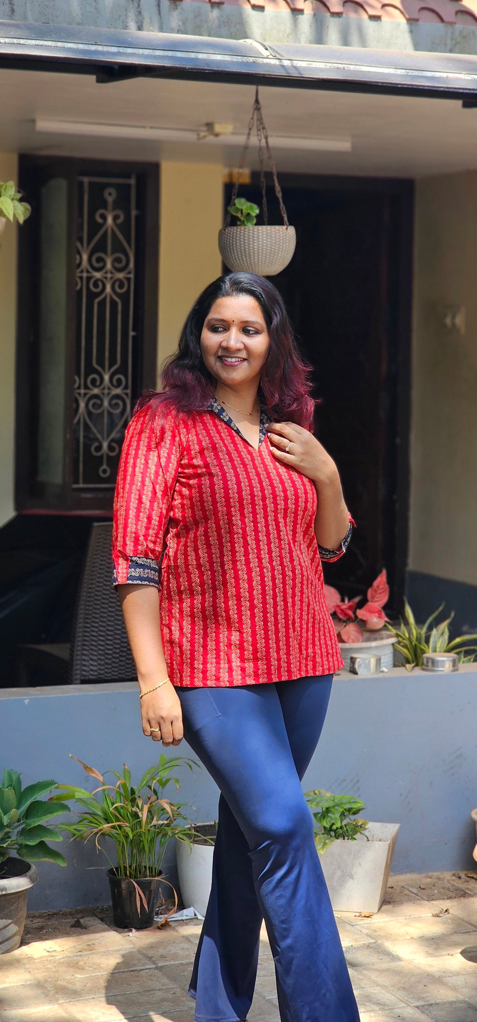 MayaAjrakhCoatCollarShortKur_3 Maya Red Ajrakh Coat Collar Short Kurti - Image 1