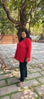 Mithra Red Pure Cotton Short Kurti with Bell Sleeves - Image 3