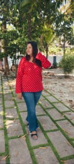 Mithra Red Pure Cotton Short Kurti with Bell Sleeves - Image 4