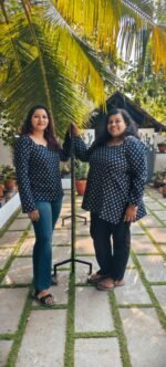 Mithra Navy Blue Pure Cotton Short Kurti with Bell Sleeves - Image 2